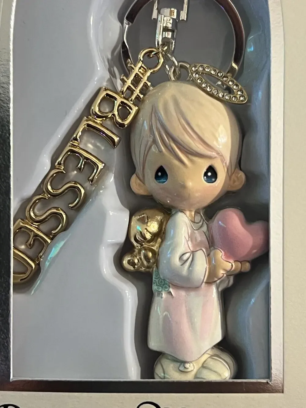 PRECIOUS MOMENTS Angel Boy With Pink Heart & Blessed BAG CHARM Key Chain NEW! - Picture 1 of 2